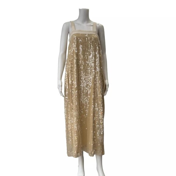 $1200 Odeeh Champagne Sequin Tulle Pocket Long Delicate Dress size 0/FR 32 - Picture 1 of 9